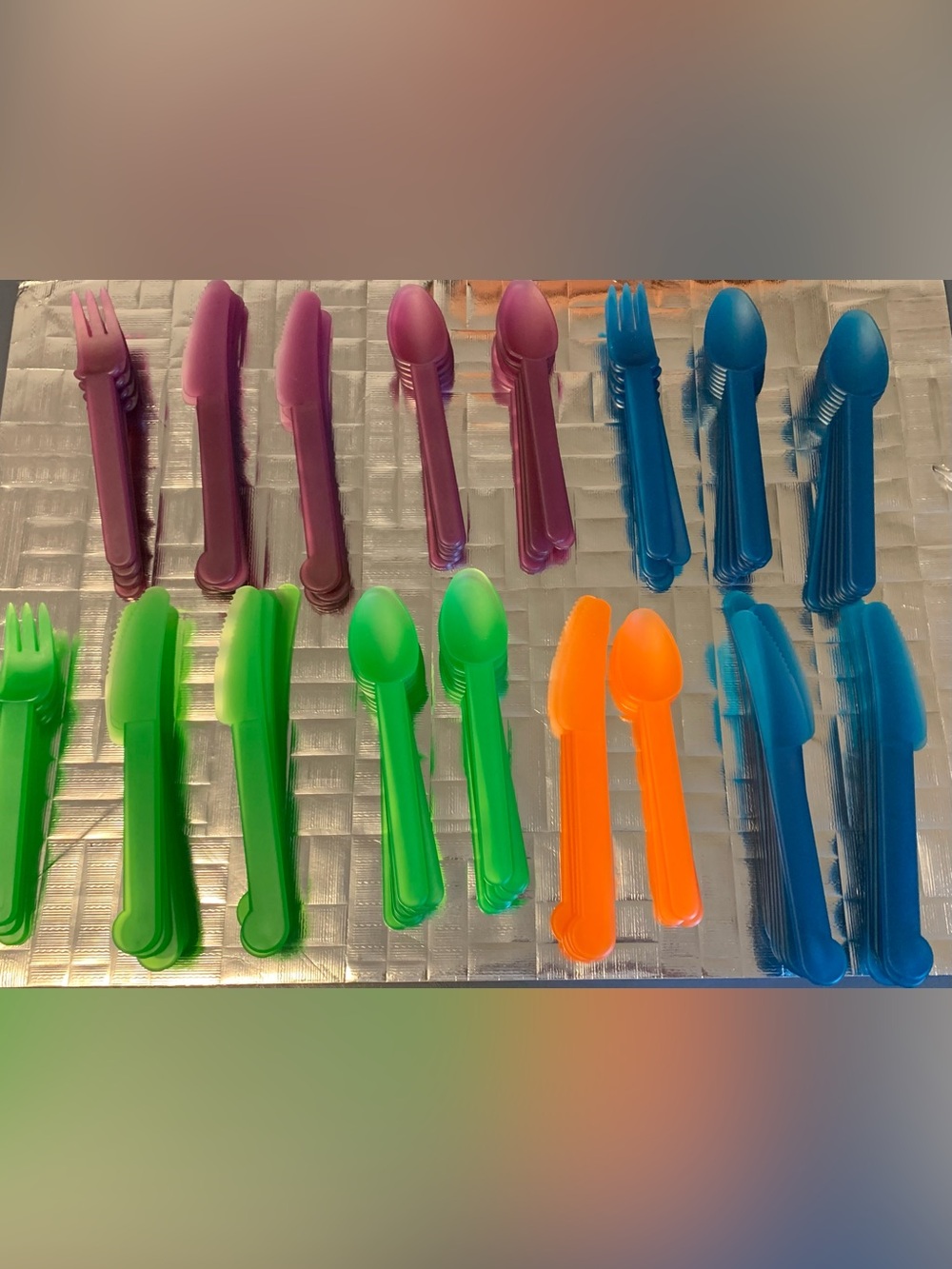 Vintage Tupperware Reusable Plastic Flatware Set Blue Green Purple Orange 100pc
